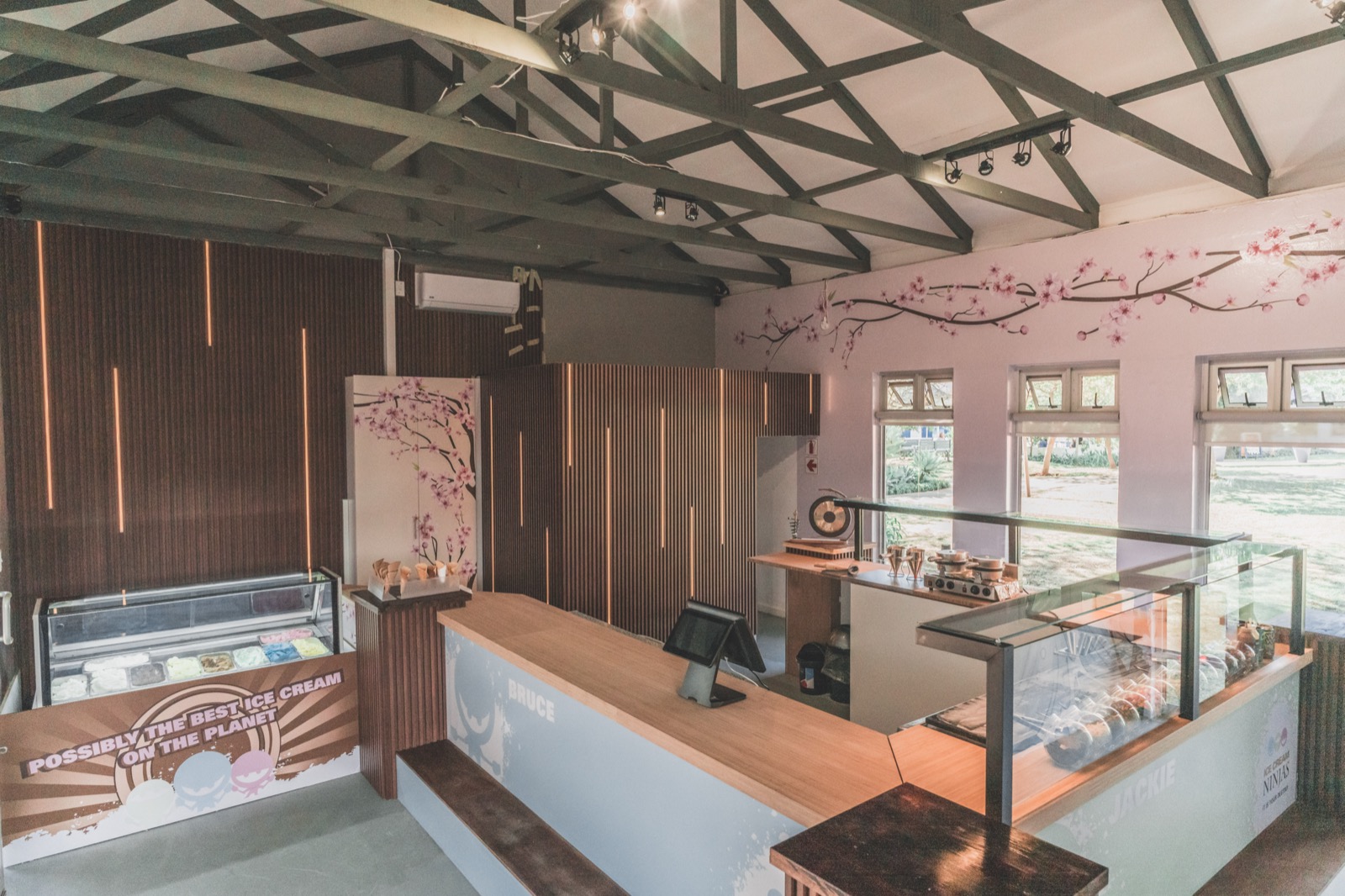 Inside the Greenlyn Dojo -- full interior with cherry blossom decor